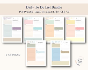 Daily To Do List Bundle, Instant Download Printables, Daily Planner, Daily Schedule, 6 pdf variations in A4, A5, US Letter