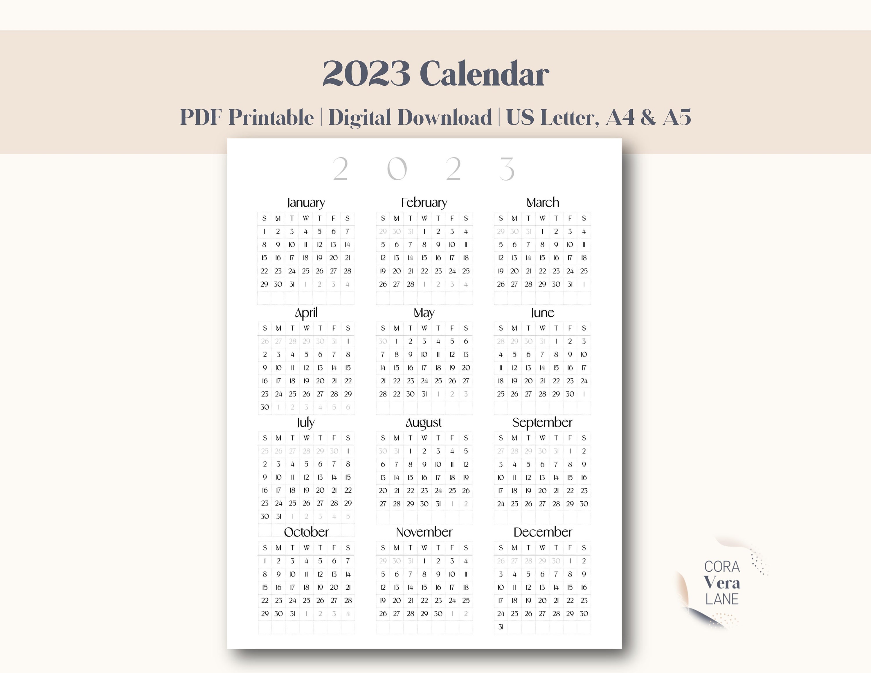 Printable Calendar 2023, Minimal Calendar PDF, 2023 Desk Calendar