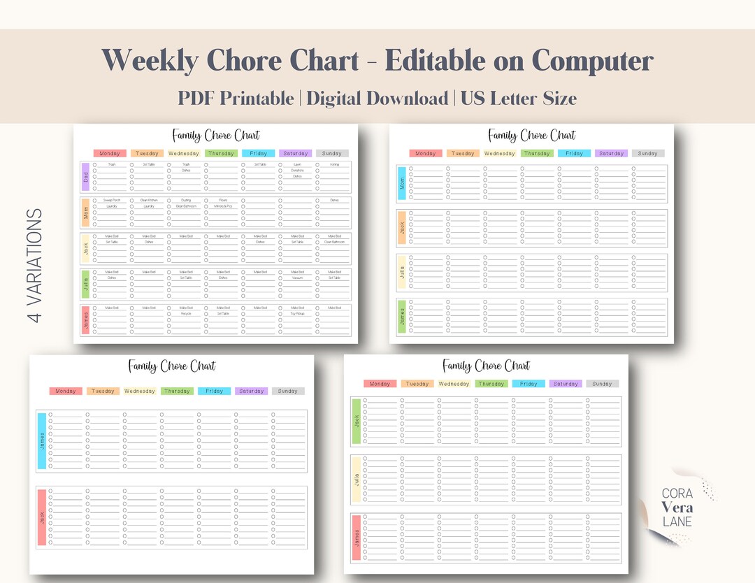 Weekly Chore Chart Family, Chore Chart Template, Weekly Chore List for