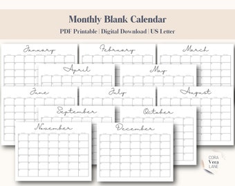 Monthly Calendar Printable, Blank Monthly Calendar, 2024 Minimal Calendar PDF, Instant Download - US Letter Size