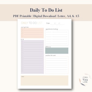 Daily To Do List Printable, Instant Download, Minimal Productivity Planner, Daily Planner, Daily Schedule, US Letter, A4 & A5
