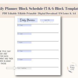 Block Schedule Editable Printable Planner, Productivity Planner, Daily ...