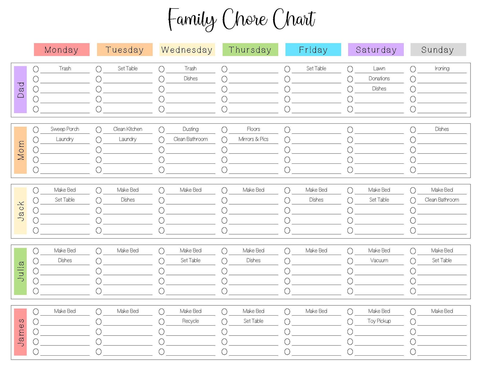 Weekly Chore Chart Family, Chore Chart Template, Weekly Chore List for