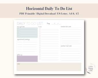 Daily To Do List Horizontal Printable, Instant Download, Minimal Planner, Productivity Planner, Daily Schedule - US Letter, A4 & A5