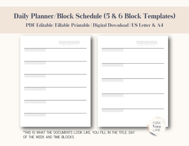 Block Schedule Editable Printable Planner, Productivity Planner, Daily