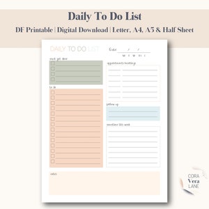 Daily To Do List Printable, Instant Download, Minimal Productivity Planner, Daily Planner, Daily Schedule, US Letter, A5, A4 & Half Sheet