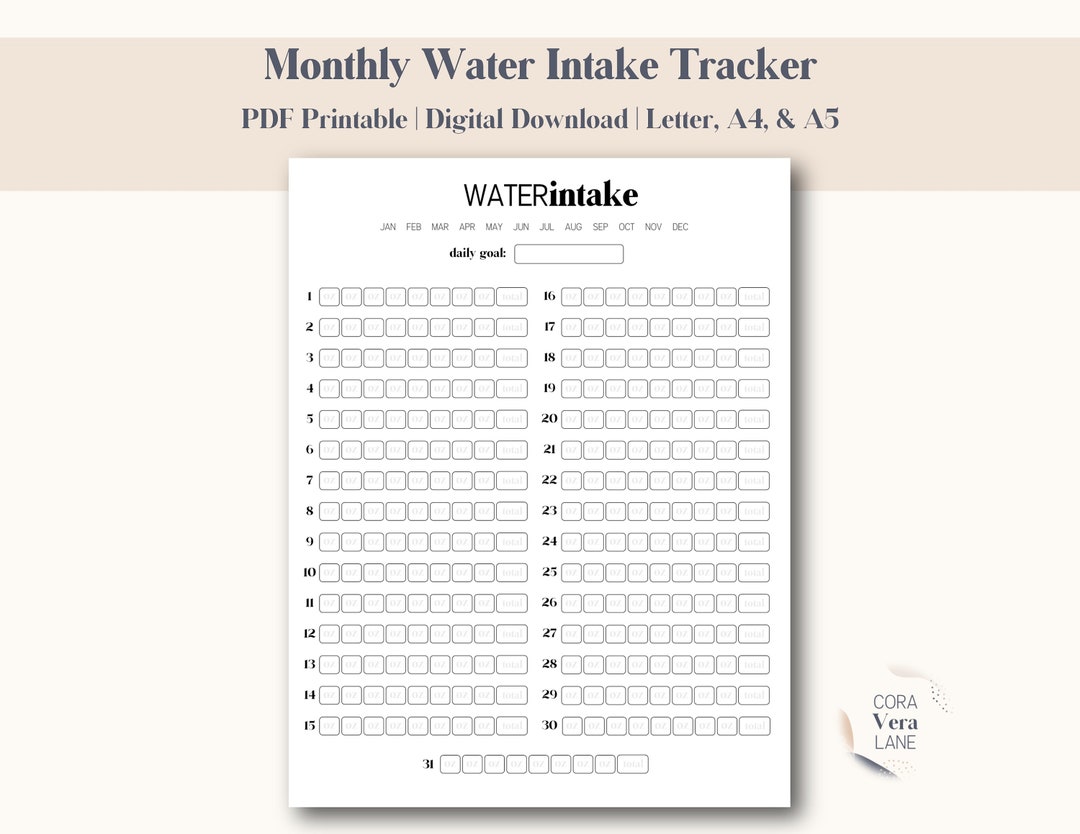 Monthly Water Tracker Printable, Water Intake Tracking, Water Log ...