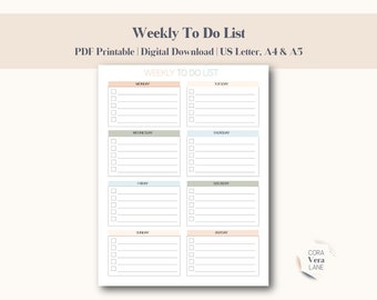 Weekly To Do List Printable, Instant Download, Minimal Planner, Productivity Planner, Weekly Planner, Student Planner - US Letter, A4 & A5