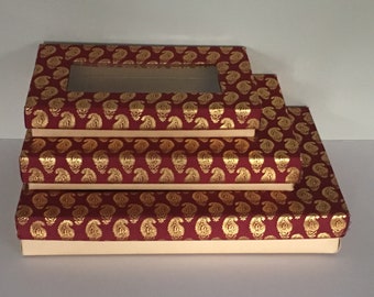 CUSTOM LISTING For TAN, Set of 3, Maroon Paisley, Rectangular window Boxes, Small, Medium and Large.