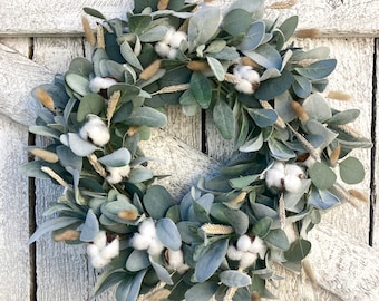 Lamb’s Ear with Wheat and Willow Farmhouse Wreath | Cotton Wreath | Country Cottage Eucalyptus Wreath | Sage Green Everyday Front Door Decor