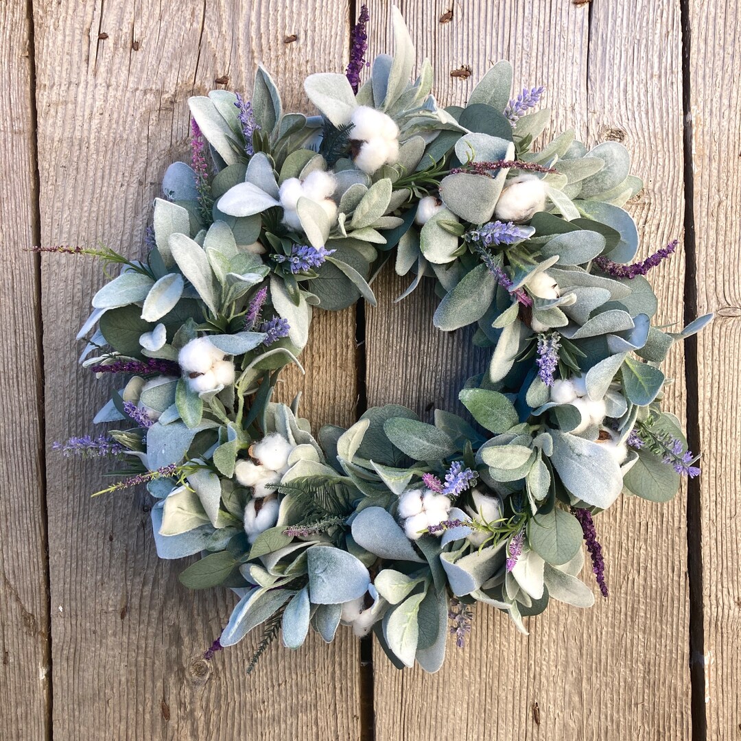 Lambs Ear Lavender and Cotton Everyday Farmhouse Wreath Simple Cottage ...