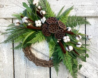 Fern and Cotton Everyday Wreath, Cattail and Lotus Pod Greenery Wreath, Southern Cotton Entryway Decor Wreath, Unique Handmade Gift