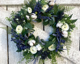 Blue and White Country Cottage Wreath for Front Door | Cotton Blossom Farmhouse Door Decor | Blueberry Wreath | Fern Wreath | Handmade