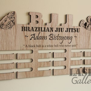 XL Custom BJJ Medal Hanger 24x12 - Laser Cut Engraved Wooden Brazilian Jiu Jitsu Medal Hanger - Personalized Martial Arts Wooden Medal Rack