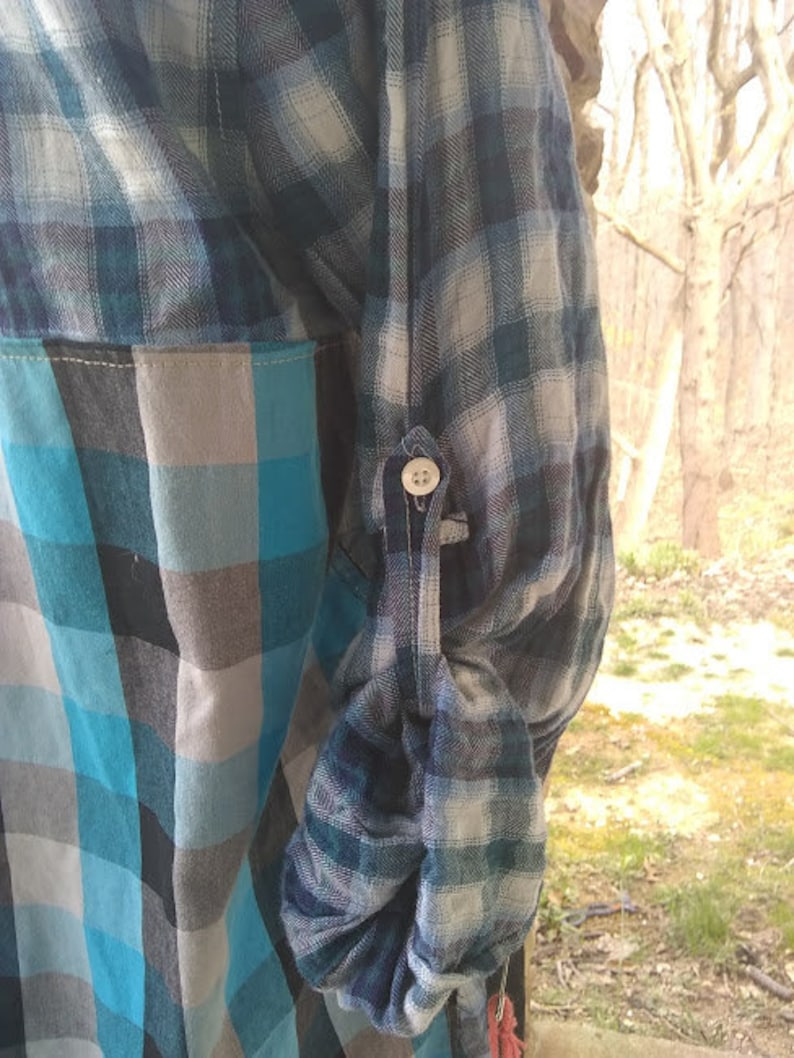 Upcycled Blue Plaid American Eagle Size 12 pullover long boho tunic with black refashioned repurposed shabby chic altered hippie dress