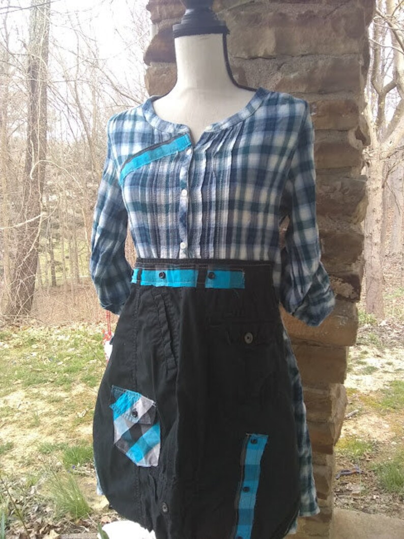 Upcycled Blue Plaid American Eagle Size 12 pullover long boho tunic with black refashioned repurposed shabby chic altered hippie dress