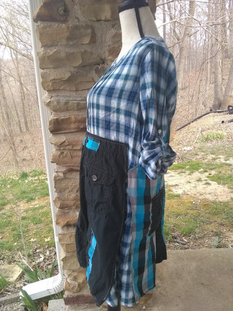 Upcycled Blue Plaid American Eagle Size 12 pullover long boho tunic with black refashioned repurposed shabby chic altered hippie dress