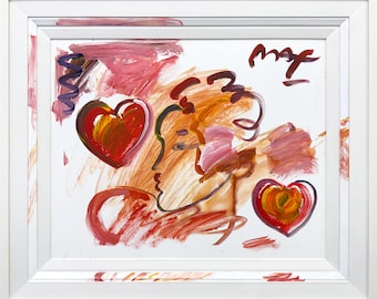 Peter Max "Perfil con corazones rojos" - Pintura original sobre lienzo - Enmarcada a medida - Certificado de autenticidad