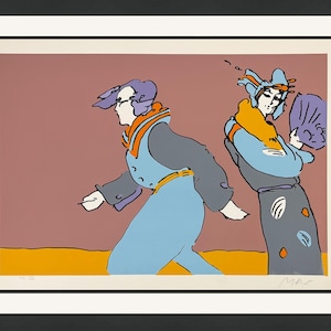 May include: A framed art print featuring two stylized figures in motion. The figures are depicted with bold outlines and vibrant colors, including blue, orange, and gray, against a mauve background. The artwork has a modern, pop art style.