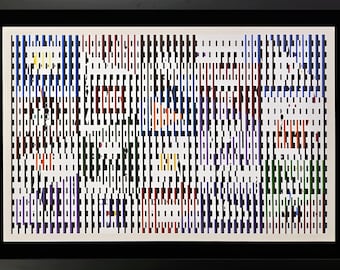 May include: A framed abstract print featuring a dense grid of vertical black lines interspersed with white spaces and small rectangular blocks of color including red, blue, yellow, and green, creating a rhythmic, repetitive geometric pattern.