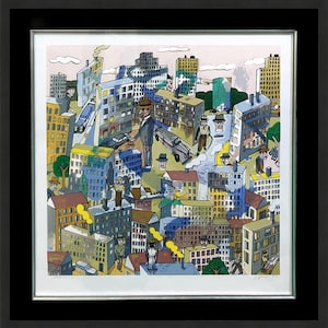 May include: A colourful illustration depicting a city scene with buildings, cars, and people. The buildings are drawn in a cartoon style and are various colours, including yellow, blue, green, and red. There are cars driving on the streets, and people walking around. The illustration is set against a light pink background.