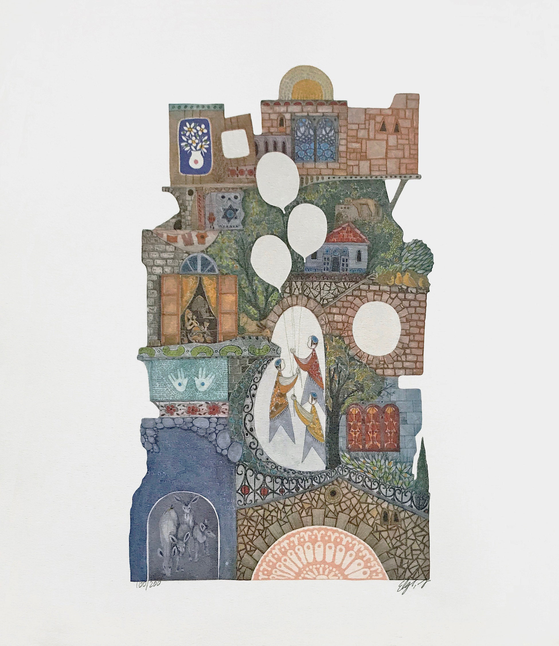Amram Ebgi "Playhouse" - Litografía firmada a mano - Judaica Art - COA - GallArt