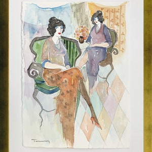 Itzchak Tarkay &#39;Tea for Two&#39; - Original Aquarell auf Papier - gerahmt - Coa - GallArt