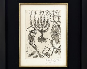 Marc Chagall "Le Candelabre" - 1967 - Hand Signed Aquatint Etching - 16x14" Framed