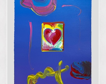 Peter Max „Heart” – unikatowy, podpisany obraz w technice mieszanej na papierze – 18 x 16 cali, oprawiony – certyfikat autentyczności