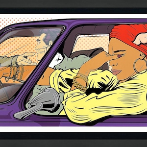 May include: Pop art style print featuring a woman in a yellow shirt and red headscarf in a purple car. A skeletal figure is in the driver's seat. The woman is touching her face. The background has a dotted pattern.