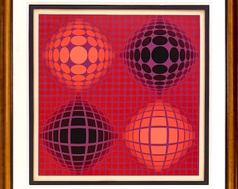 Victor Vasarely « VB-VB-Rouge » - 1975 - Grande sérigraphie signée à la main - Encadrée - COA - GallArt