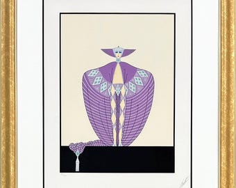 May include: A framed art print depicting a stylized figure in a purple and cream outfit with geometric patterns. The figure wears a wide-brimmed hat and a long cape. The artwork is set against a cream background and framed in gold.