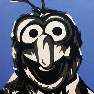 May include: A black and white illustration of a cartoon character with a large beak and large eyes. The character is smiling and has a blue background.