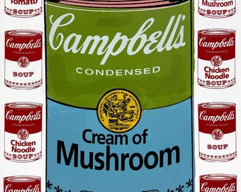 Steve Kaufman "Campbell's Cream of Mushroom" - Unique Oil Painted Silkscreen on Canvas - Stretched