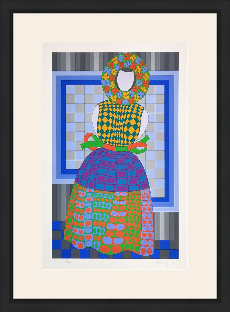May include: A framed print featuring a stylized figure with a floral wreath and patterned clothing. The figure's top is yellow and green diamond-patterned, with a blue, purple, and orange skirt. The background has a blue and gray checkered pattern.