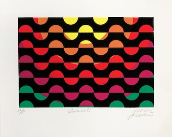 Antonio Perez Melero "Sunset" - Hand Signed Serigraph - Abstract Op Art - COA - GallArt