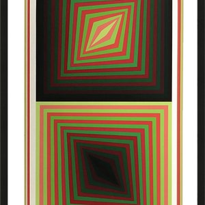 May include: Abstract geometric art print with a black and green diamond shape in the center surrounded by concentric squares in shades of red and green. The print is divided into two sections, the top section has a black background and the bottom section has a white background.