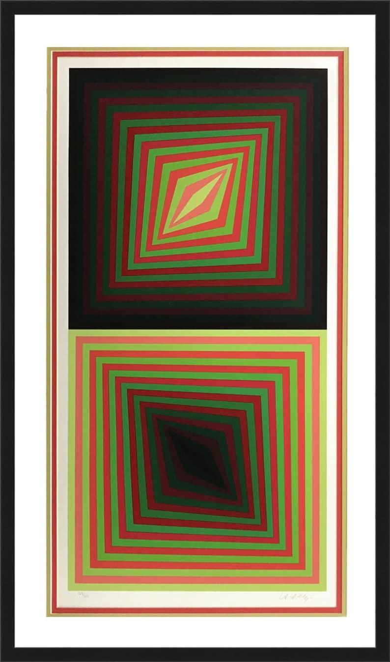 May include: Abstract geometric art print with a black and green diamond shape in the center surrounded by concentric squares in shades of red and green. The print is divided into two sections, the top section has a black background and the bottom section has a white background.