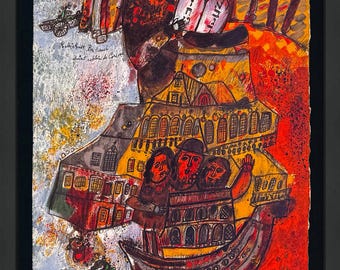 Theo Tobiasse "Rabbi Moise Ben Hanoch wordt rabbijn van Cordone" 1968 - Handgesigneerde lithografie - Ingelijst