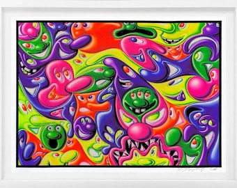 Kenny Scharf "Superblobz" - Hand Signed Flocked, Glow-In-The-Dark Print - Framed - GallArt