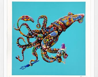 Louis Masai "Squiddly Diddly - Golden Tip-Off" - Serigrafía única acabada a mano - Enmarcada - Certificado de autenticidad