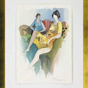 Itzchak Tarkay &#39;Midday Rest&#39; - Original Aquarell auf Papier - gerahmt - Coa - GallArt