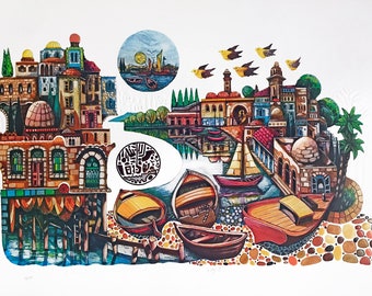 Amram Ebgi "City of Jaffa" - Hand Signed Embossed Lithograph with Foil Stamping - COA - GallArt