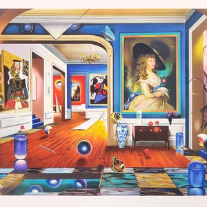 May include: A surrealist painting depicting a room with a blue and white tiled floor, a wooden floor, and a blue wall. There are paintings on the walls, a vase with flowers, and a table with fruit. There are also several floating orbs in the room.