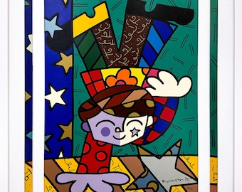 ロメロ・ブリット「逆さまも」 - ジェッソボードにシルクスクリーン印刷、サイン入り - 手描きの縁取りが施された額縁