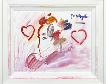 Peter Max "Profiel met twee harten" - Origineel schilderij op canvas - Op maat ingelijst - COA