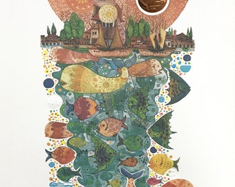 Amram Ebgi "Aquarium" - Hand Signed Embossed Lithograph with Foil Stamping - COA - GallArt