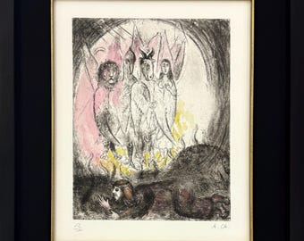 Marc Chagall "La Vision d'Ezechiel" - Hand Signed Aquatint Etching with Hand Coloring - Framed