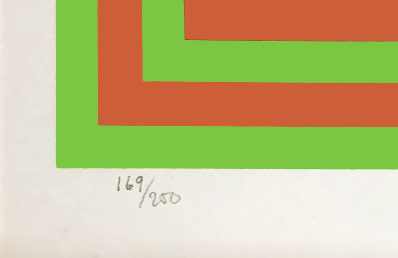 May include: A green and brown abstract geometric print with the number 169/250 in the bottom right corner.