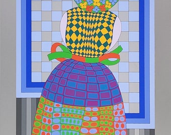 Victor Vasarely "Fille Fleur" - 1982 - Serigrafía firmada a mano - Versión plateada - COA - GallArt